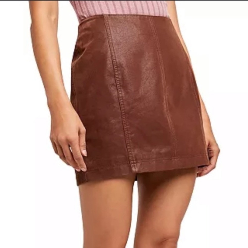 Free People Modern Femme Faux Leather Mini Skirt Brown A-Line High Waist Sz S